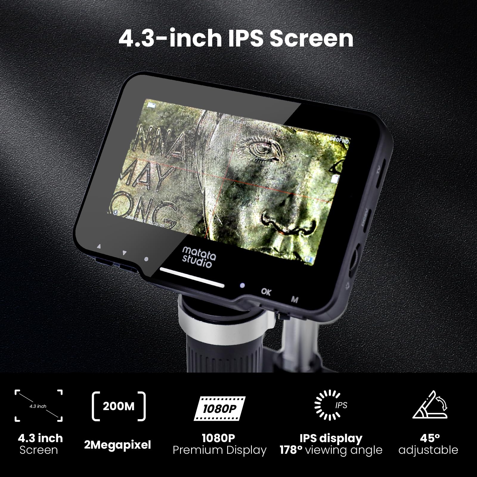 Matatastudio M2B 1000X Digital Microscope With 4.3'' Lcd Screen, 1080P Coin Magnifier, 8 Led Lights, Support Photo&Video, Adjust